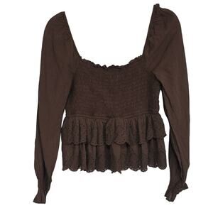 AE Womens Sz M Brown Feminine Square Neck Long-Sleeve Smocked Midriff Tiered Top